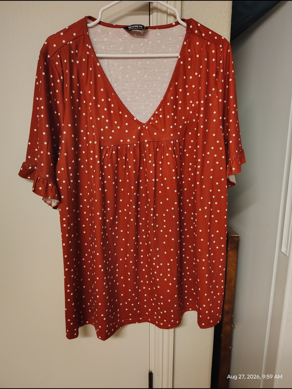 BloomChic Red Polka Dot V-Neck Ruffled Sleeve Blouse